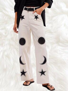 Celestial Embroidered Wide Leg Jeans Moon Star Sun Pants Size S